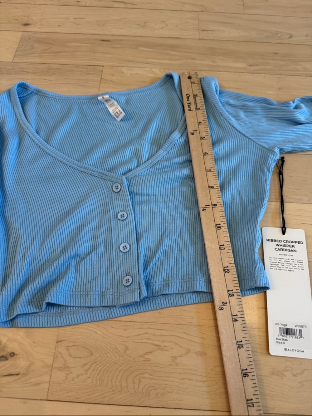 ALO Yoga Ribbed Cropped Whisper Shirt Top L/S Cardigan-Blue Skies-New-S-Athletic - Picture 5 of 8